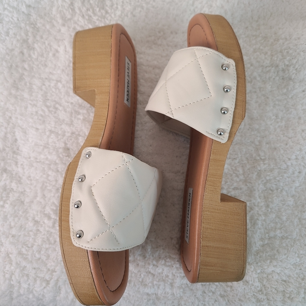 Steve Madden Bennet Braided Slip-on Peep Toe Low Block Heel Sandal Mule in White